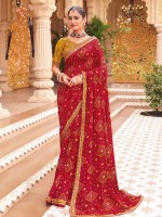 Red Maroon Georgette Chiffon Bandhani Print Saree